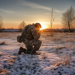 Wall Mural - Photograph of a soldier kneeling after praying at sunrise.