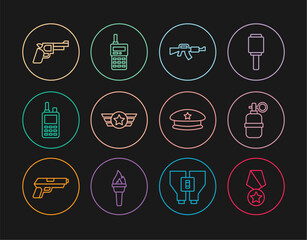 Canvas Print - Set line Military reward medal, Hand grenade, M16A1 rifle, Star American military, Walkie talkie, Pistol or gun, beret and icon. Vector