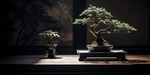 Wall Mural - Bonsai tree, dramatic shadows, dark room, single spotlight above, monochromatic tones