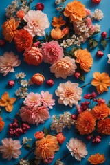 Poster - Closeup top view of multicolored orange, pink flowers and buds on a light blue background
