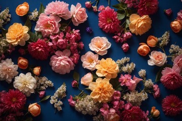 Poster - Top view of multicolored flowers on a dark blue background. Floristry, beauty concepts
