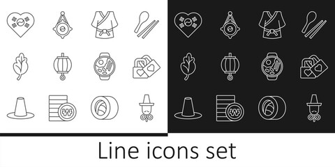 Wall Mural - Set line Korean hat, Lock with heart, Kimono, lantern, Kimchi, Love, Ramen and icon. Vector