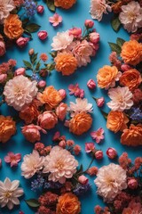 Poster - Closeup top view of multicolored orange, pink flowers and buds on a light blue background. Floristry, beauty concepts