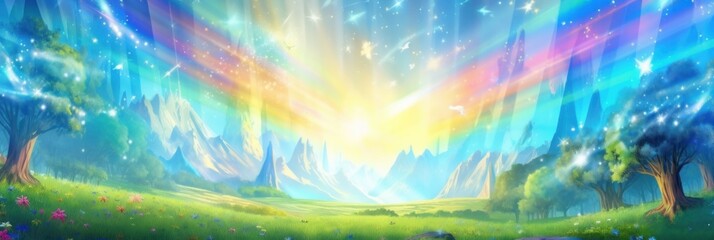 Poster - A rainbow trail in the forest with trees and flowers, AI