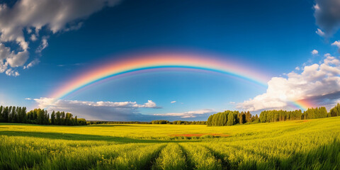  Vivid double rainbow arching over a sunlit meadow, cumulus clouds, natural lighting