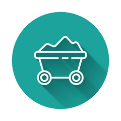 Sticker - White line Coal mine trolley icon isolated with long shadow. Factory coal mine trolley. Green circle button. Vector Illustration