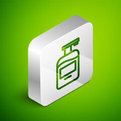 Sticker - Isometric line Bottle of liquid antibacterial soap with dispenser icon isolated on green background. Antiseptic. Disinfection, hygiene, skin care. Silver square button. Vector