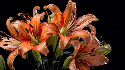  Beautiful orange lily flowers with water drops on black background. Mother's day concept with a space for a text. Valentine day concept with a copy space.