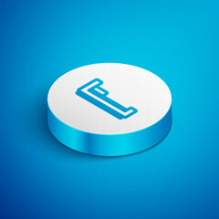 Poster - Isometric line Bed icon isolated on blue background. White circle button. Vector