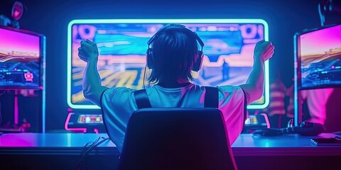 Wall Mural - Back Shot of a Gamer Playing and Winning in Online Video Game on His Powerful Personal Computer. Room and PC have Colorful Neon Led Lights.