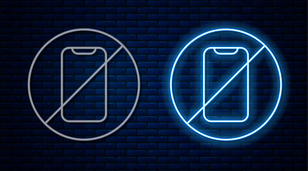 Poster - Glowing neon line No cell phone icon isolated on brick wall background. No talking and calling sign. Cell prohibition. Vector