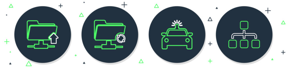Poster - set line ftp sync refresh, police car and flasher, folder upload and hierarchy organogram chart icon