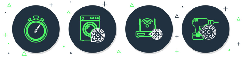 Poster - Set line Washer setting, Router and wi-fi, Stopwatch and Drill machine icon. Vector