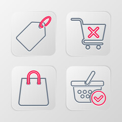 Sticker - Set line Shopping basket with check mark, Handbag, Remove shopping cart and Label template price tag icon. Vector