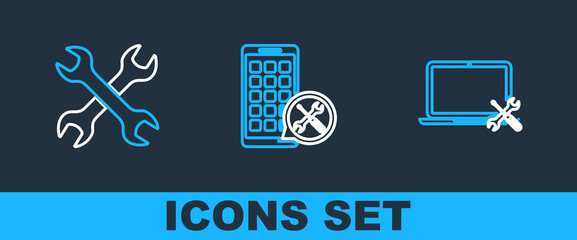 Poster - set line laptop service, crossed wrenchs and mobile apps icon. vector