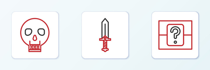 Poster - Set line Mystery or random box, Skull and Sword for game icon. Vector