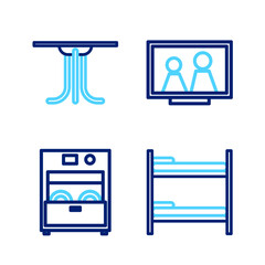 Sticker - Set line Bunk bed, Kitchen dishwasher machine, Picture frame on table and Round icon. Vector