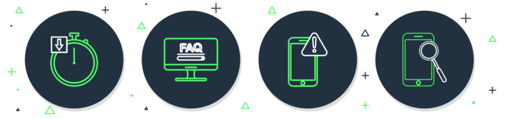 Poster - Set line Monitor with FAQ information, Mobile exclamation mark, Stopwatch and phone diagnostics icon. Vector
