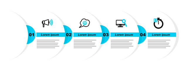 Poster - Set line Stopwatch, Computer monitor diagnostics, Speech bubble with smile face and Megaphone icon. Vector