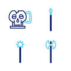 Poster - Set line Medieval axe, chained mace ball, spear and Cup from the skull icon. Vector