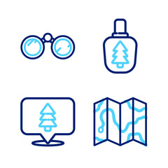 Poster - set line location of the forest on map, canteen water bottle and binoculars icon. vector