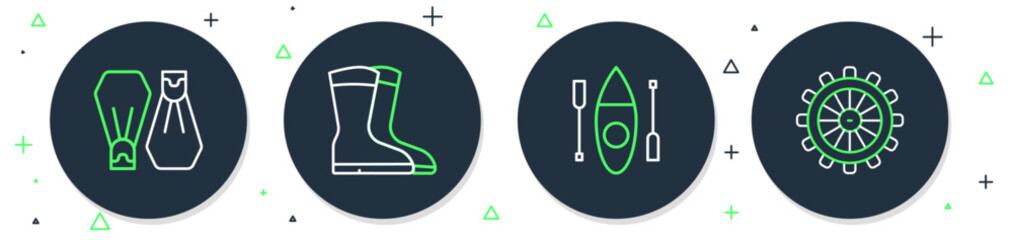 Poster - Set line Fishing boots, Kayak or canoe, Rubber flippers for swimming and Ship steering wheel icon. Vector