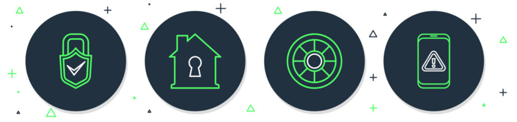 Sticker - Set line House under protection, Safe, Lock and check mark and Mobile with exclamation icon. Vector