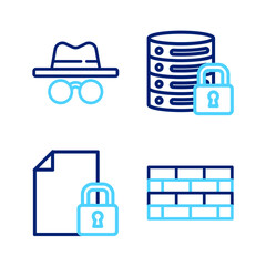 Poster - Set line Firewall, security wall, Document and lock, Server with and Incognito mode icon. Vector