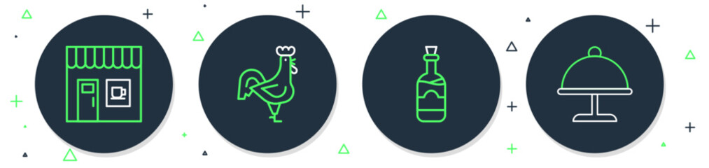 Poster - set line french rooster, bottles of wine, coffee shop and covered with tray icon. vector