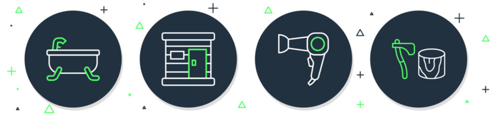 Poster - Set line Sauna wooden bathhouse, Hair dryer, Bathtub and Wooden axe in stump icon. Vector