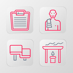 Poster - Set line Aroma candle, Sauna wood bench, Man in the sauna and Bathroom scales icon. Vector