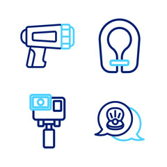 Sticker - Set line Scallop sea shell, Action extreme camera, Life jacket and Flashlight for diver icon. Vector