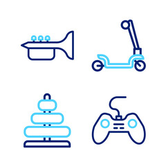 Poster - Set line Gamepad, Pyramid toy, Roller scooter and Trumpet icon. Vector