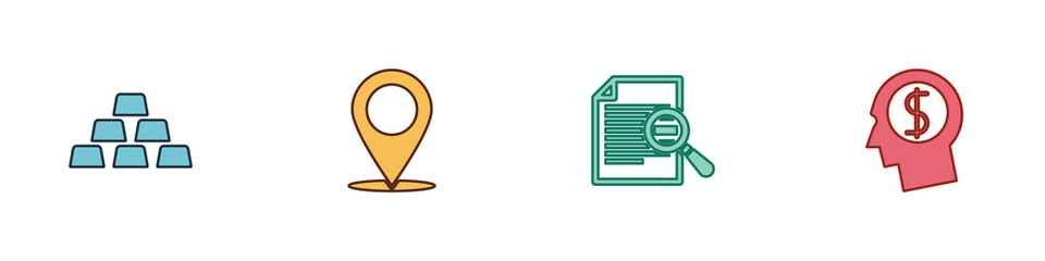 Poster - set gold bars, map pin, document with search and business man planning mind icon. vector