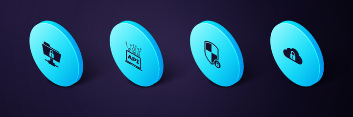 Poster - Set Isometric Cloud computing lock, Shield security with, Computer api interface and FTP folder and icon. Vector