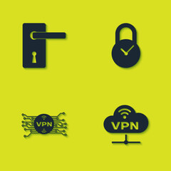 Sticker - Set Door handle, VPN Network cloud connection, with microchip circuit and Padlock clock icon. Vector