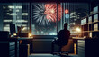 Serene Office Moment Watching New Year's Fireworks
