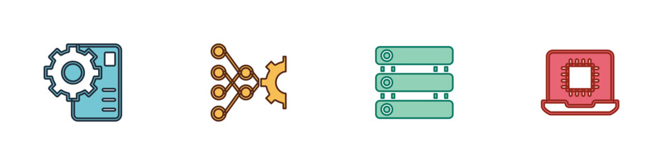 Poster - set neural network, server, data and processor cpu icon. vector
