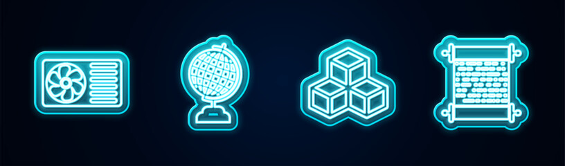 Poster - Set line Air conditioner, Earth globe, Isometric cube and Paper scroll. Glowing neon icon. Vector