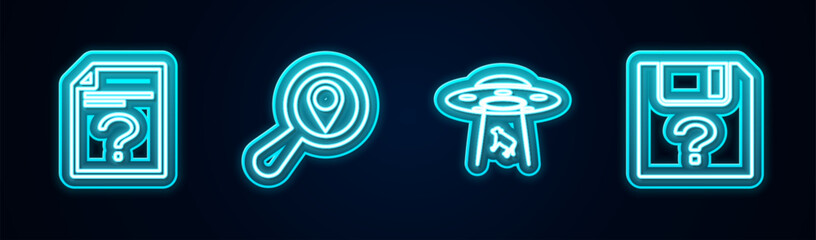 Poster - set line unknown document, search location, ufo abducts cow and . glowing neon icon. vector