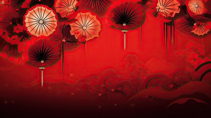 Wall Mural - chinese lanterns with fan background on a red background