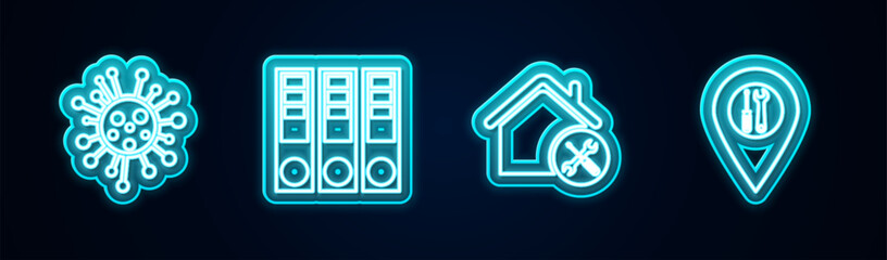 Poster - set line bacteria, office folders, house service and location. glowing neon icon. vector