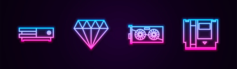 Poster - Set line Video game console, Diamond, graphic card and Cartridge. Glowing neon icon. Vector
