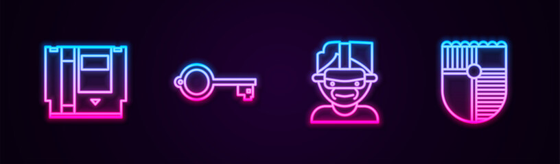 Poster - Set line Cartridge, Ancient key for game, Virtual reality glasses and Shield. Glowing neon icon. Vector