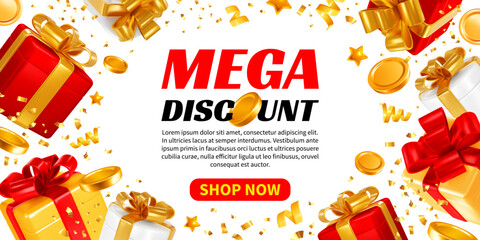 Wall Mural - 3D realistic luxury red and gold gift boxes with golden coins and holiday tinsel on white background. Advertising banner template of sale, giveaways, shopping with mega discount. Vector illustration