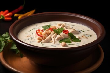 Wall Mural - Traditional Asian tom kha soup with chicken, mushrooms, chili in ornate bowl. Restaurant menu.