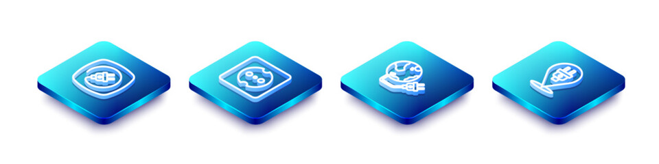 Poster - Set Isometric line Electric plug, Electrical outlet, Global energy power planet and icon. Vector