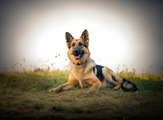 Adorable portrait of resting pet outdoor. Beautiful animal recreation on nature. Smart and easy to train young german shepherd dog lying on the grass with his tongue hanging out.