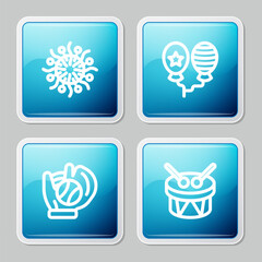 Sticker - Set line Firework, Balloons, Baseball glove with ball and Drum and drum sticks icon. Vector