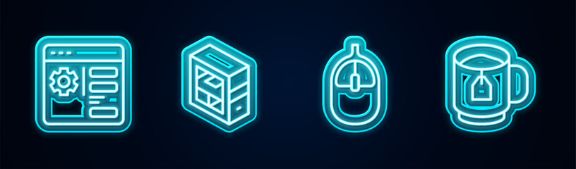 Poster - Set line Browser setting, Computer, mouse and Cup of tea with tea bag. Glowing neon icon. Vector